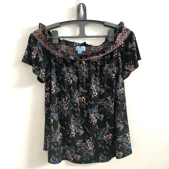 Cece Womens Floral Off The Shoulder Black Blouse L - Picture 2 of 6